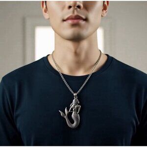 Silver Tone Mermaid Pendant Necklace Ocean Beach Jewelry 27 Inch VG